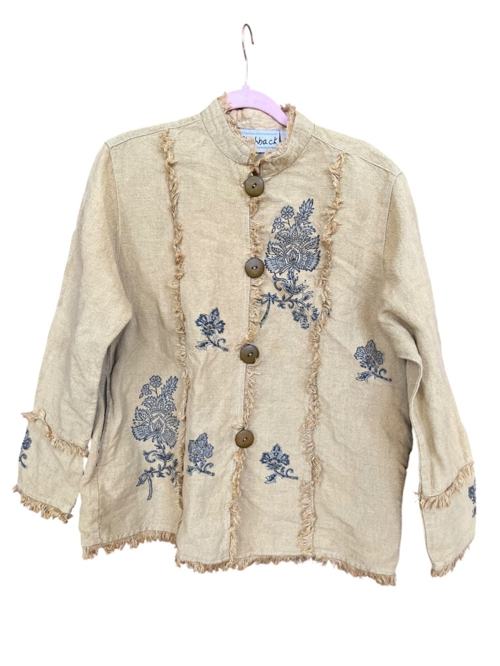 VTG Flashback Gold Yellow Boho Fringe Embroidered Linen Blend Blazer Jacket SZ M